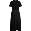 Sacai Mixed Media Belted Poplin & Jersey Midi Dress In Black