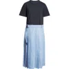 Sacai Mixed Media Belted Poplin & Jersey Midi Dress In Navy X Blue Stripe