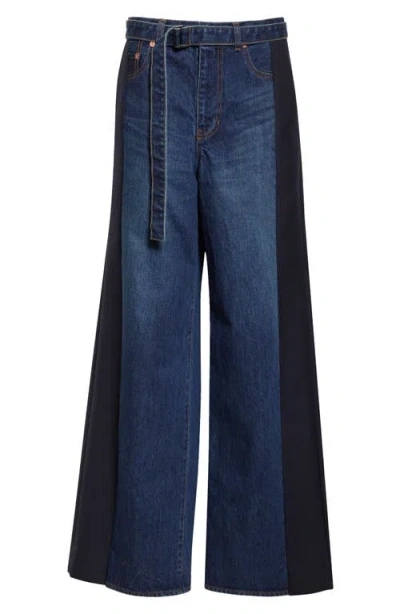 SACAI SACAI MIXED MEDIA BELTED WIDE LEG JEANS