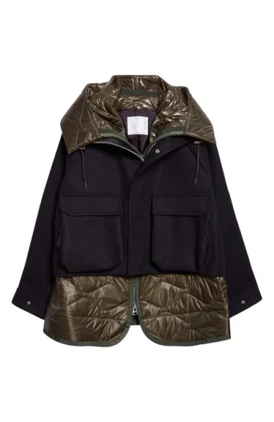 Sacai Hooded Quilted-panel Jacket In Black