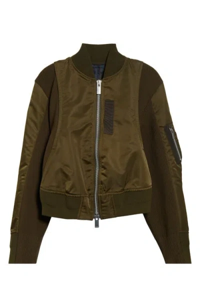 Sacai Mixed Media Bomber Jacket In Olive