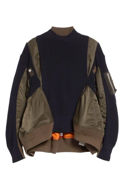 Sacai Mixed Media Bomber Jacket With Sweater Bib Overlay In Multi