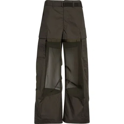 Sacai Chiffon-trimmed Cotton Wide-leg Pants In Brown