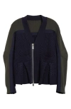 Sacai Mixed Media Colorblock Cardigan In Navy X Khaki 212