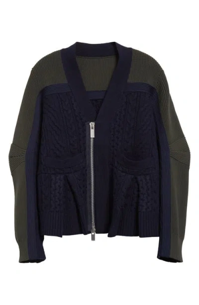 Sacai Mixed Media Colorblock Cardigan In Navy X Khaki 212