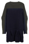 Sacai Mixed Media Colorblock Long Sleeve Wool Sweater Dress In Navy X Khaki 212