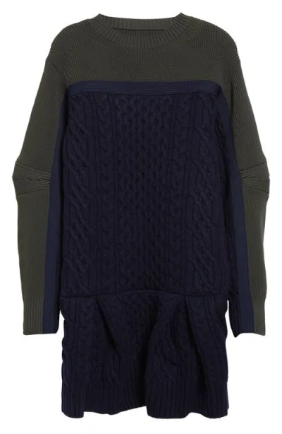 Sacai Mixed Media Colorblock Long Sleeve Wool Sweater Dress In Navy X Khaki 212
