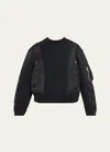 Sacai Crewneck Sweater With Satin Panels And Zip Pocket In Black