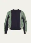 Sacai Mixed-media Colorblock Sweatshirt In Navy X Bkhaki