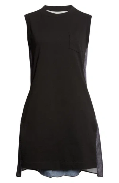 Sacai Mixed Media Cotton Jersey & Denim Minidress In Black