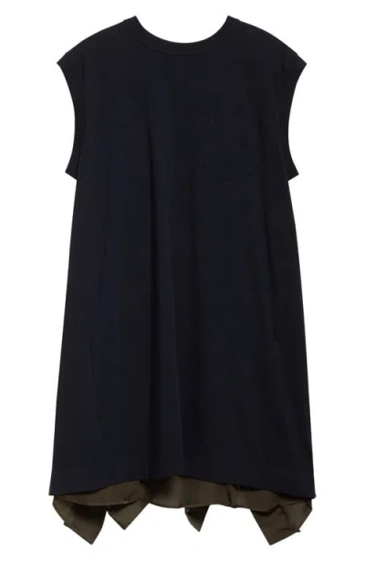 Sacai Mixed Media Cotton Jersey & Satin Dress In Navy/khaki