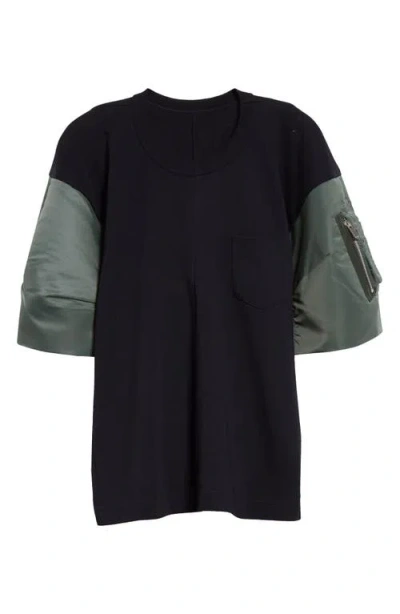 Sacai Mixed Media Crewneck T-shirt In Navy B/ Khaki