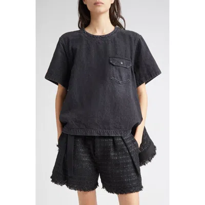 Sacai Mixed Media Denim & Tweed Top In Animal Print