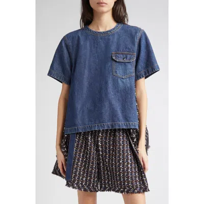 Sacai Mixed Media Denim & Tweed Top In Blue