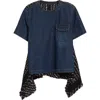 Sacai Mixed Media Denim & Tweed Top In Blue/navy 405