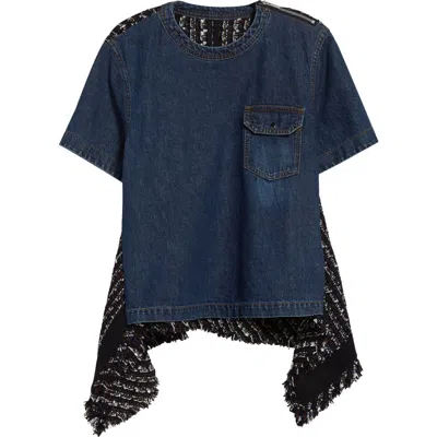 Sacai Mixed Media Denim & Tweed Top In Blue/navy 405