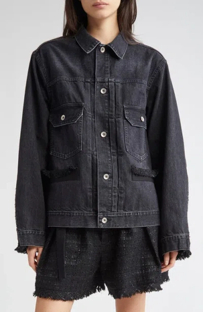 Sacai Mixed Media Denim & Tweed Trucker Jacket In Black