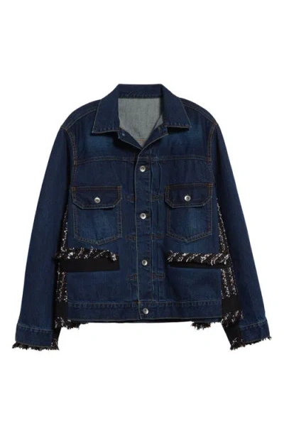 Sacai Mixed Media Denim & Tweed Trucker Jacket In Blue/navy 405