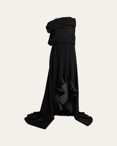 Sacai Mixed-media Draped High-low Gown In Black