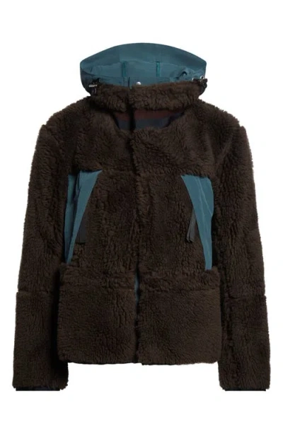 Sacai Mixed Media Faux Shearling Jacket In Brown