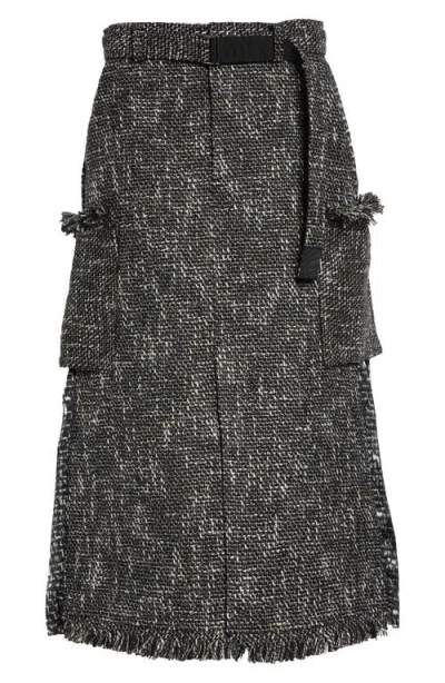 Sacai Womens Black Pleated Graphic-pattern Tweed Midi Skirt