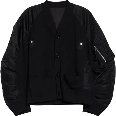 Sacai Mixed Media Knit & Nylon Twill Cardigan In Black