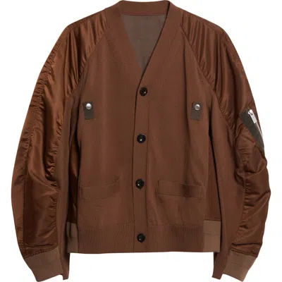 Sacai Mixed Media Knit & Nylon Twill Cardigan In Brown