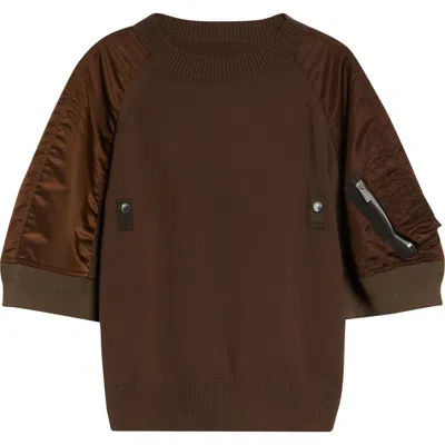 Sacai Mixed Media Knit & Nylon Twill Cardigan In Brown