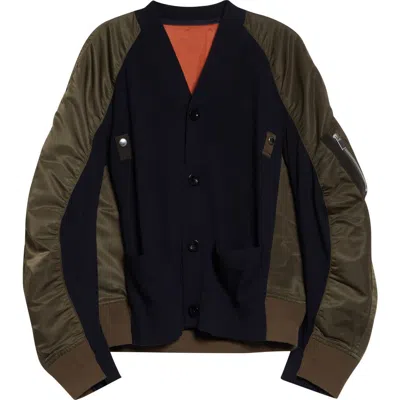 Sacai Mixed Media Knit & Nylon Twill Cardigan In Multi