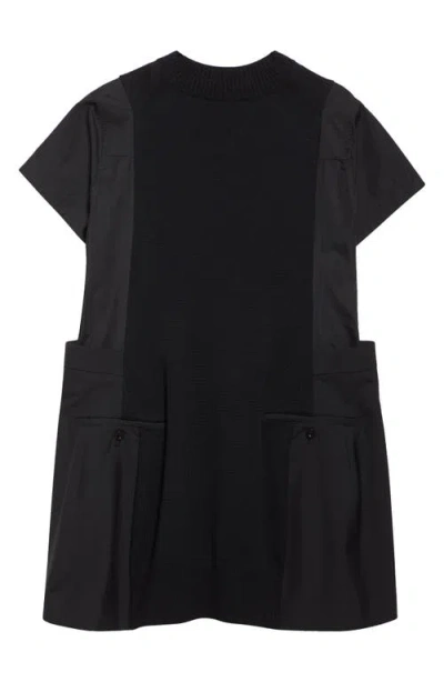 Sacai Mixed Media Knit & Poplin Dress In Black