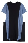 Sacai Cotton And Knit Dress With Asymmetric Hem In Navy/blue Stripe