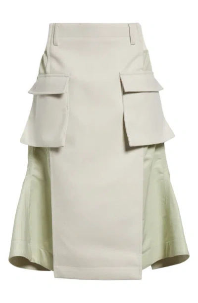 Sacai Mixed Media Midi Skirt In Ecru Green