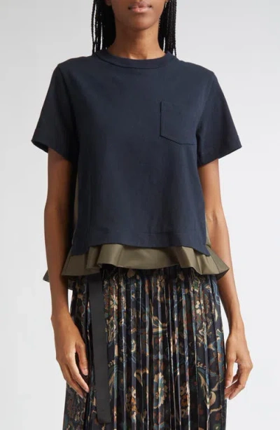 SACAI SACAI MIXED MEDIA NYLON TWILL & COTTON JERSEY POCKET T-SHIRT