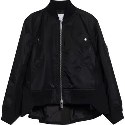 Sacai Mixed Media Nylon Twill & Wool Bomber Jacket In Black