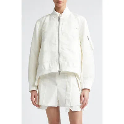 Sacai Mixed Media Nylon Twill & Wool Bomber Jacket In White