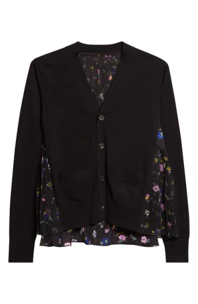Sacai Mixed Media Pleated Floral Chiffon & Knit Cardigan In Black