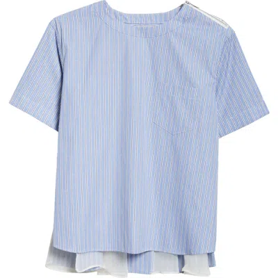 Sacai Mixed Media Poplin & Chiffon Top In Blue Stripe 458