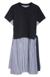 Sacai Mixed Media Poplin & Jersey Midi Dress In Navy Stripe 222
