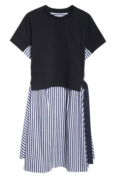 Sacai Mixed Media Poplin & Jersey Midi Dress In Navy Stripe 222