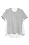 Sacai Mixed Media Poplin & Jersey Top In L/gray/off White 378