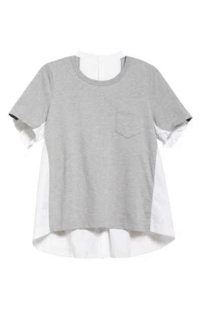 Sacai Mixed Media Poplin & Jersey Top In L/gray/off White 378