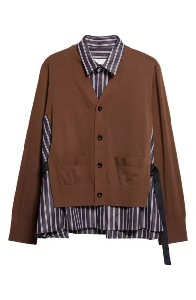 Sacai Mixed Media Poplin & Knit Cardigan In Brown