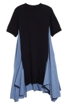 Shop Sacai Mixed Media Poplin & Knit Dress In Navy X Blue Stripe