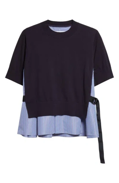 Sacai Mixed Media Poplin & Knit Sweater In Black