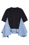 Sacai Navy & Blue Cotton Poplin & Knit Pullover Sweater In Navy/blue Stripe