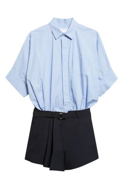 Sacai Mixed Media Poplin & Suiting Shirtdress In Blue
