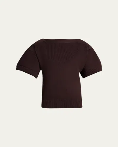 Sacai Mixed-media Puff-sleeve Off-the-shoulder Sweater In Brown