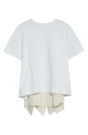 Sacai Paneled Cotton-jersey And Ruffled Satin T-shirt In White