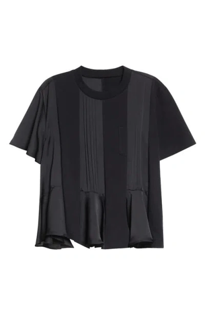 Sacai Pleated-panel Ruffled T-shirt In Black