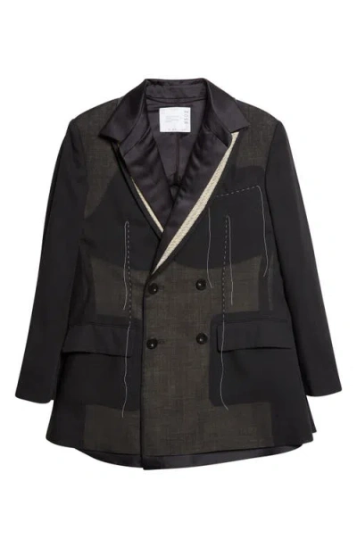 Sacai Mixed Media Suiting & Organza Jacket With Bib Inset In Black